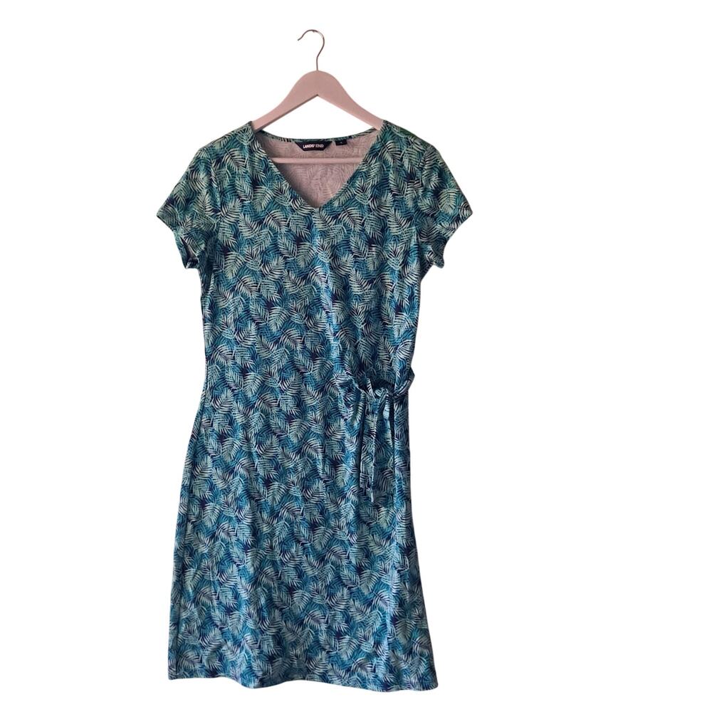 Lands' End Dress Tropical Leaf Print Short Sleeve Faux Wrap Blue Green Size S